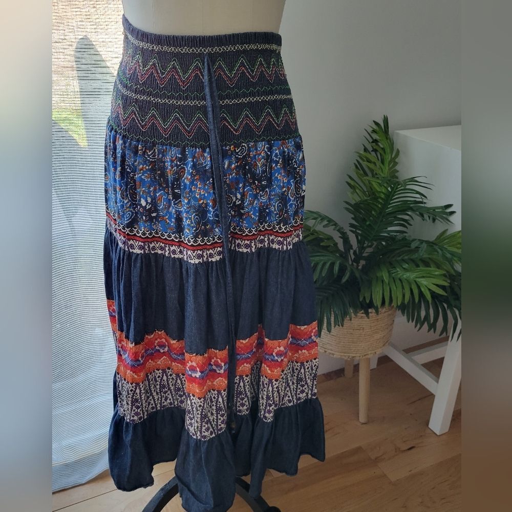 Coco Cabaña Boho Patchwork Skirt with demin dark blue Size M